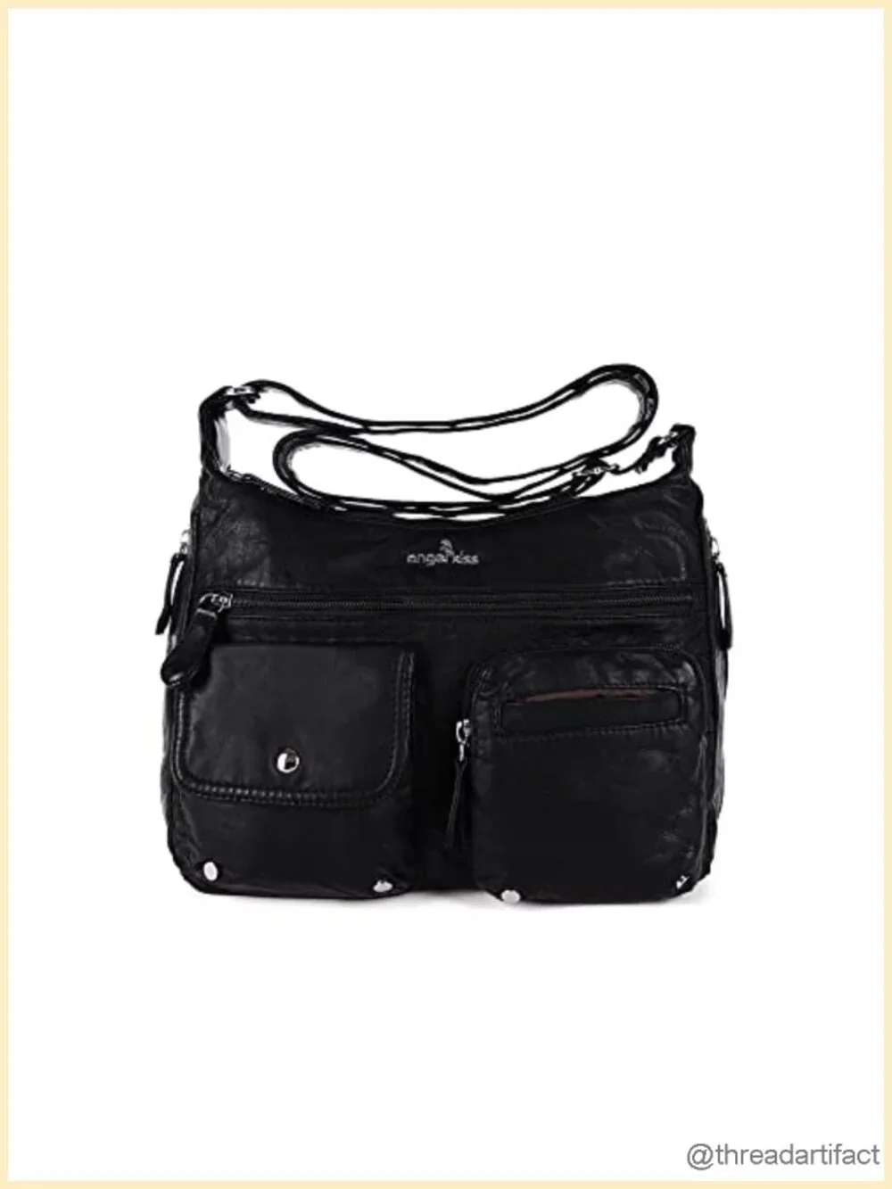 Washed Vegan PU Leather Crossbody Bag with Multiple Zipper Pockets